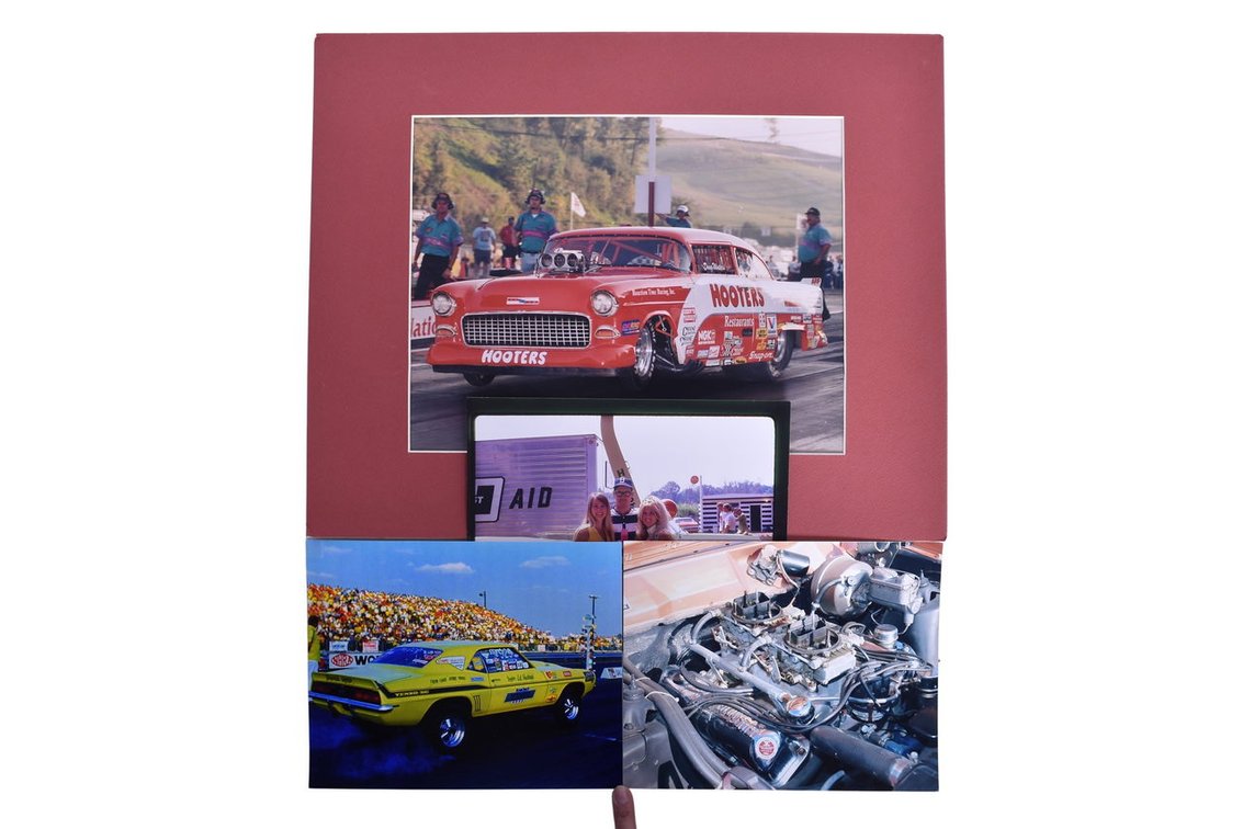 Photo Prints Racing Ephemera Group- Matted Doug Winters Pro Mod, Ed Hedrick Yenko Camero, Dual Quad Holley, Vintage Linda Vaughn "Miss Hurst" Photo