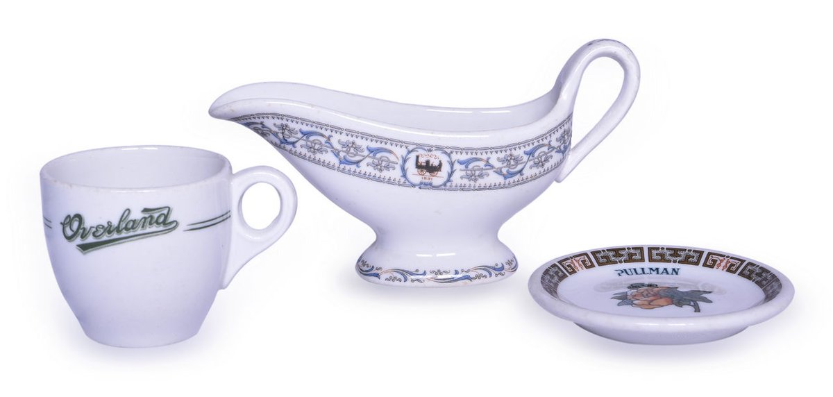 Three Pieces of Railroad Dining China - Overland Demitasse Cup, Pullman Butter Pat, and New York Central Sauce Boat