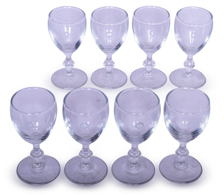 Group of Eight Monon Railroad Stemmed Cordial Drinking Glasses