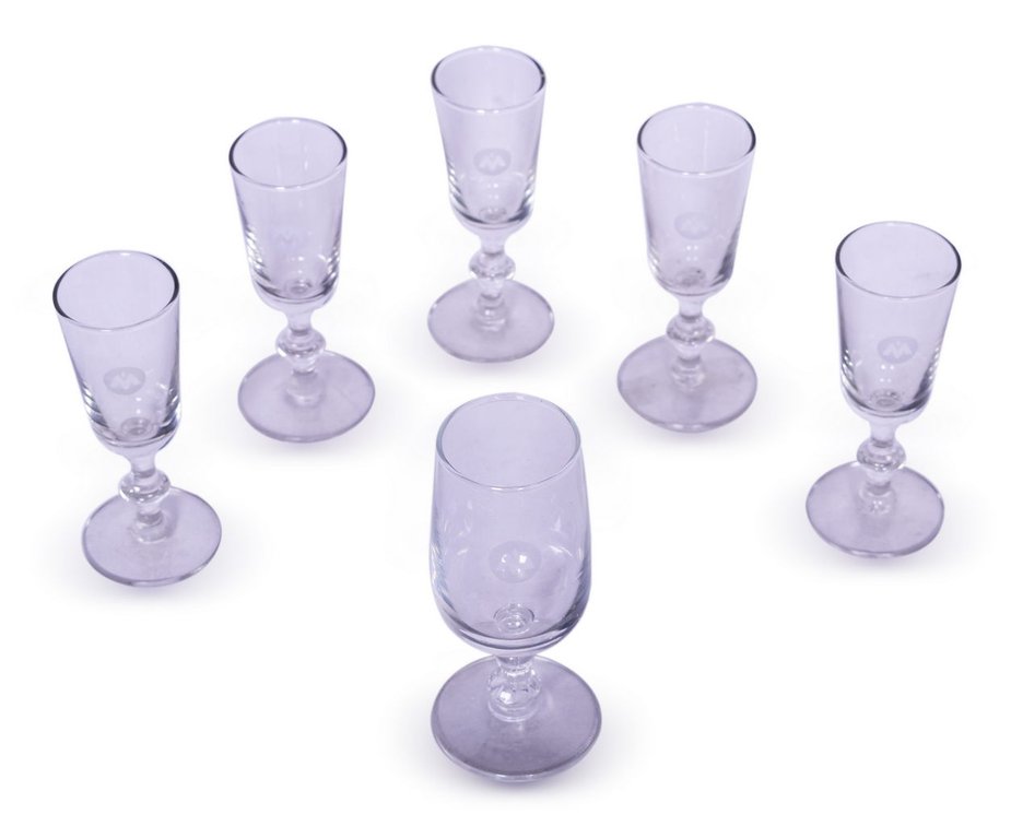 Group of Six Monon Railroad Stemmed Cordial Drinking Glasses