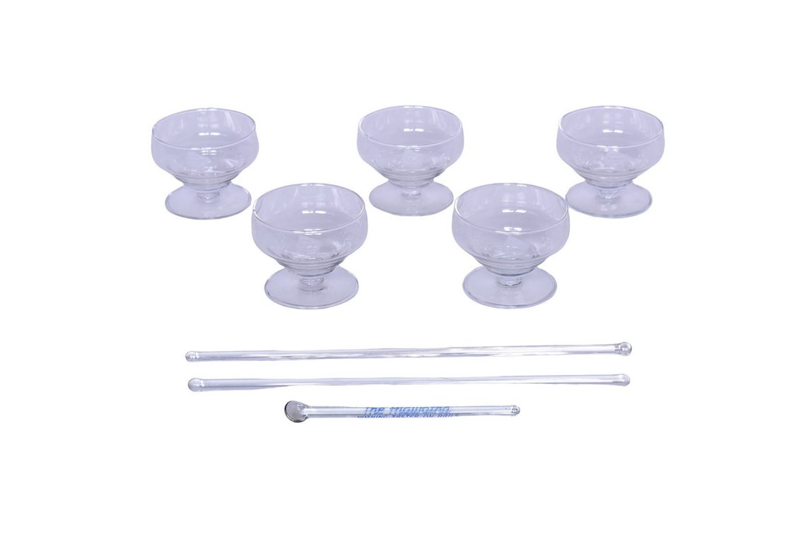 Five Chicago, Milwaukee, St. Paul & Pacific Railroad Pedestal Parfait Glasses and Hiawatha Glass Stir Swizzle Sticks