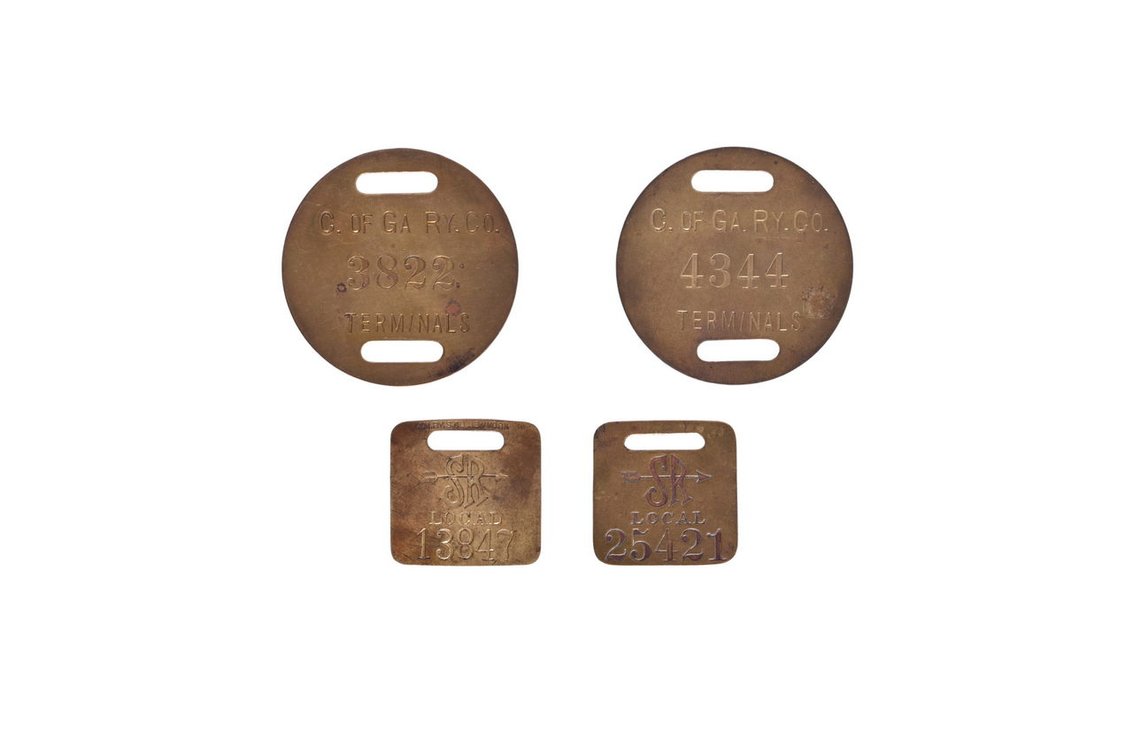 Four Brass Railroad Baggage Check Tags - Southern and Central of Georgia