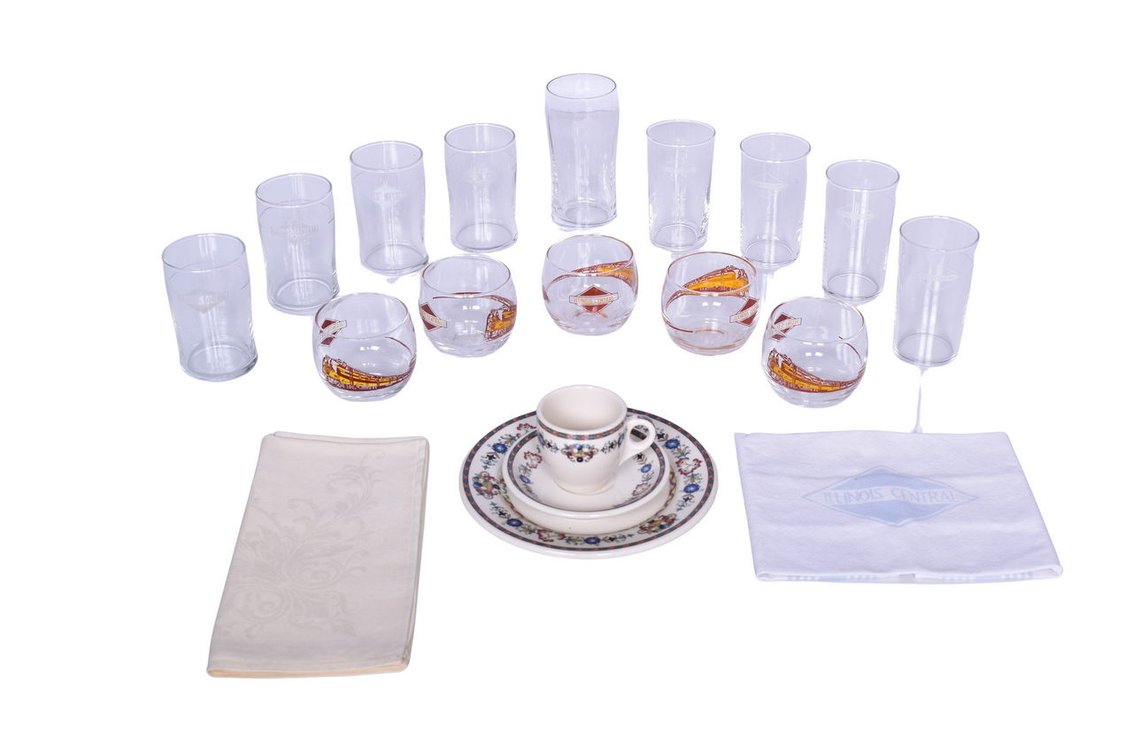 Nineteen Pieces of Illinois Central Railroad Glassware, China Plate, and Linen Napkins