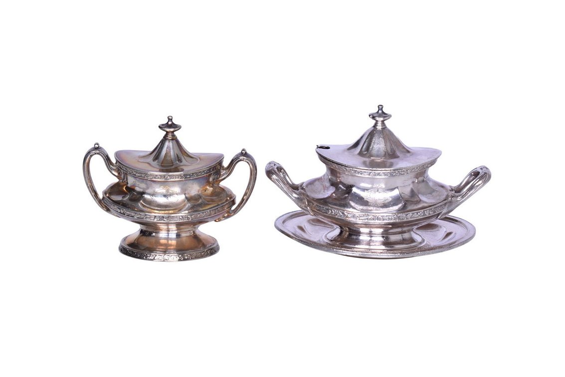 Reed & Barton Illinois Central Railroad Silver Soup Tureen, Under Liner, and Double Handled Sugar Bowl