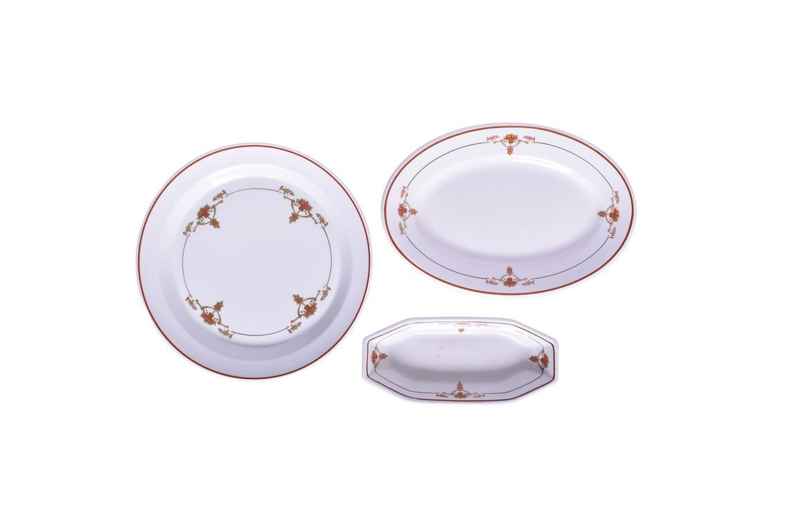 Three Pieces of Southern Railway China Peach Blossom Dinner Plate, Oval Platter, and Relish Tray