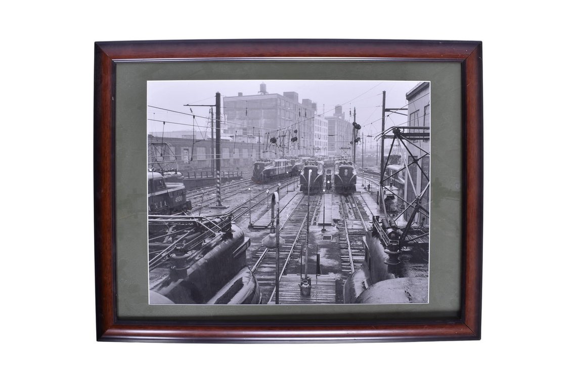 Pennsylvania Railroad Framed Black and White Photo Showing Multiple GG-1 Locomotives