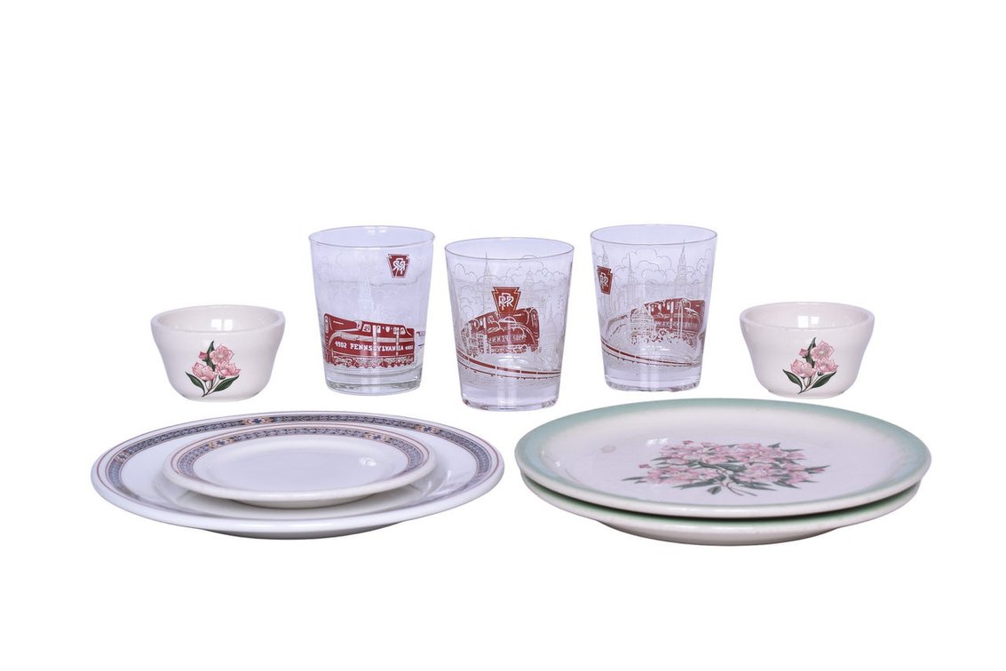Nine Pieces of Pennsylvania Railroad Dining China and Glassware - Purple Laurel and Mountain Laurel