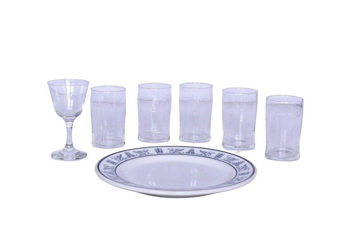 Atchison, Topeka & Santa Fe Railroad Griffon China Dinner Plate and Six Glasses