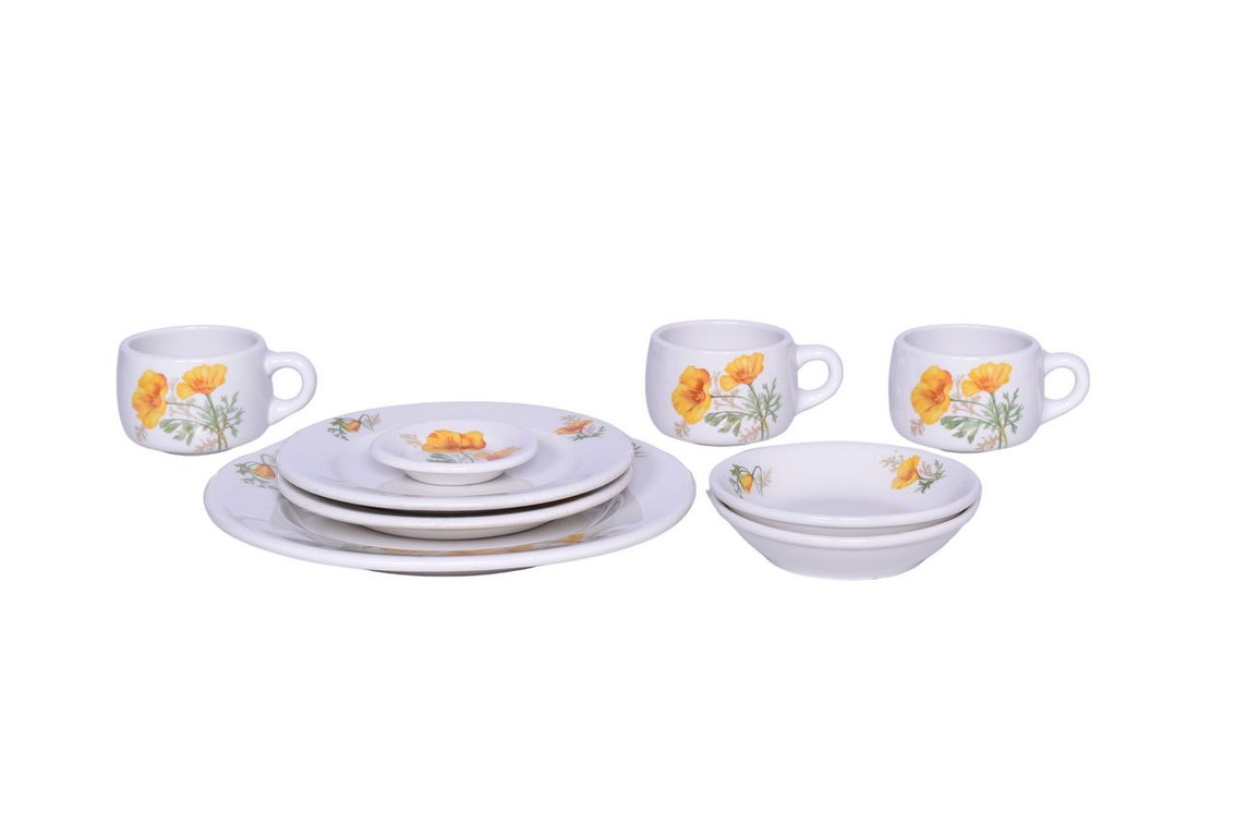 Nine Pieces of Santa Fe Railroad Syracuse California Poppy China Butter Pat, Plates, Fruit Bowls, and Cups