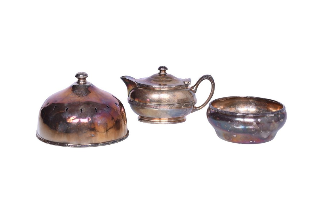 Three Pieces of R. Wallace Illinois Central Railroad Mississippi Valley Central Route Silver Coffee Pot, Hot Food Cover, and Bowl