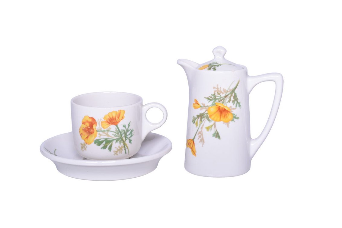 Atchison, Topeka, & Santa Fe Railroad China California Poppy Chocolate Pot, Cup, and Saucer