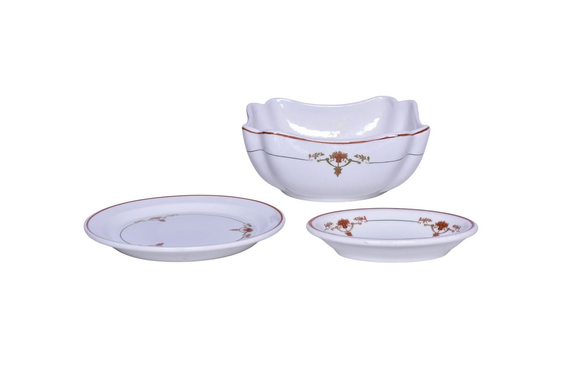 Three Pieces of Southern Railway China Peach Blossom Square Salad Bowl, Oval Bakers Dish, and Bread Plate