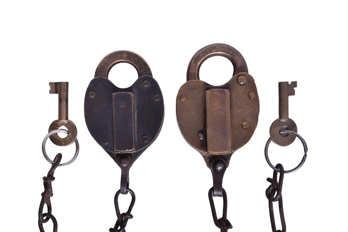 Pair of Hocking Valley Railroad Brass Heart Shaped Locks - A&W and Slaymaker