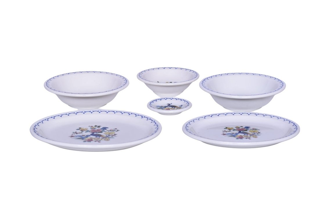 Six Pieces of Milwaukee Road Railroad China Peacock Butter Pat, Oval Platter Plates, and Bowls