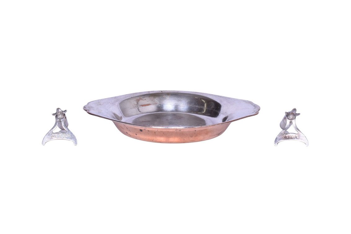 Illinois Central Railroad Silver Corn Holders and Heinrich Pure Copper Casserole Bowl w/ Winged Handles