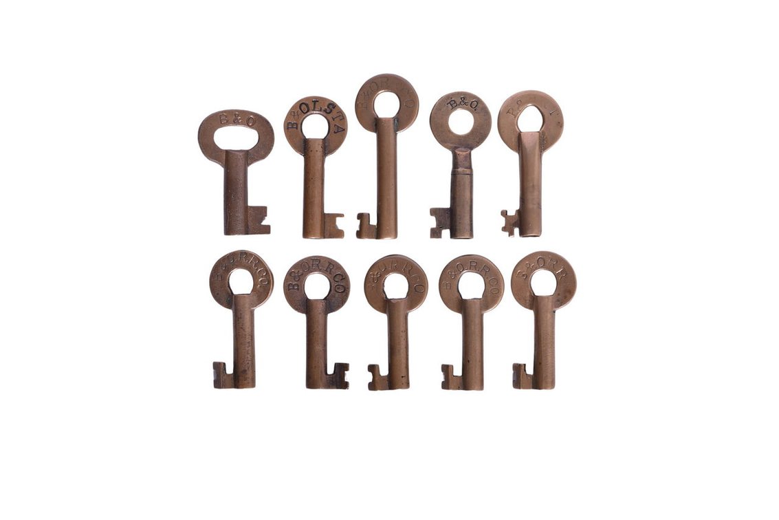 Ten Baltimore and Ohio Railroad Brass Lock Keys - Slaymaker, Fraim, F-S