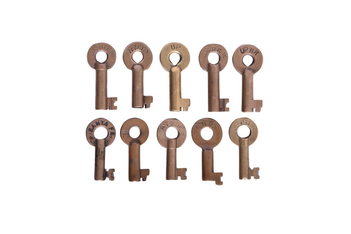 Group of Ten Western Railroad Brass Keys - AT&SF, Rio Grande, Union Pacific, Northern Pacific