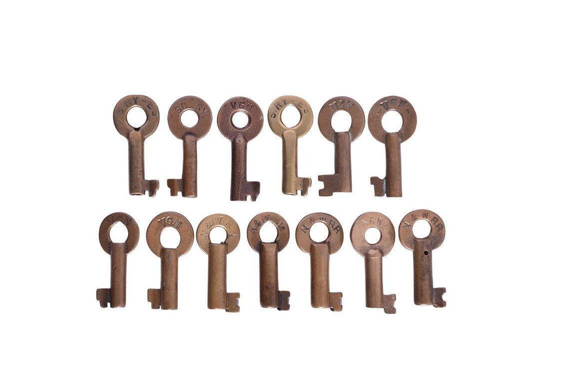 Thirteen Brass Railroad Keys - Norfolk and Western, Virginian, Southern