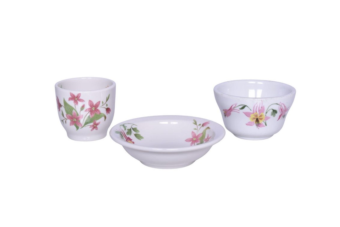Three Pieces of Great Northern Railroad China Mountains and Flowers Double Egg Cup, Bouillon Cup, and Small Bowl