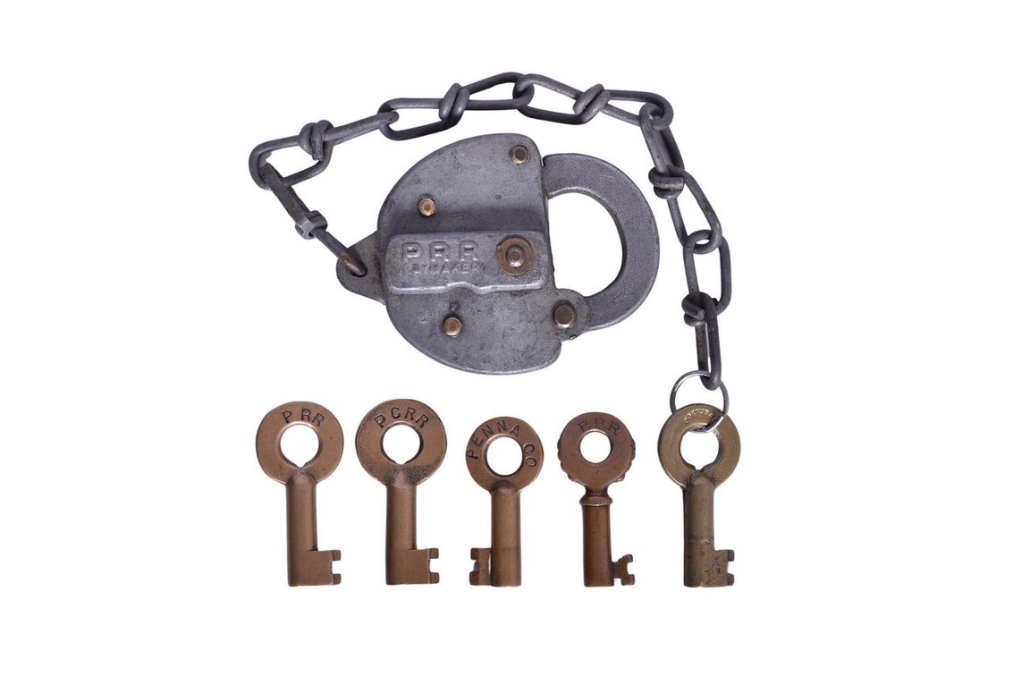 Five Pennsylvania Railroad Keys and Adlake Steel Lock - Includes Knobby Hilt
