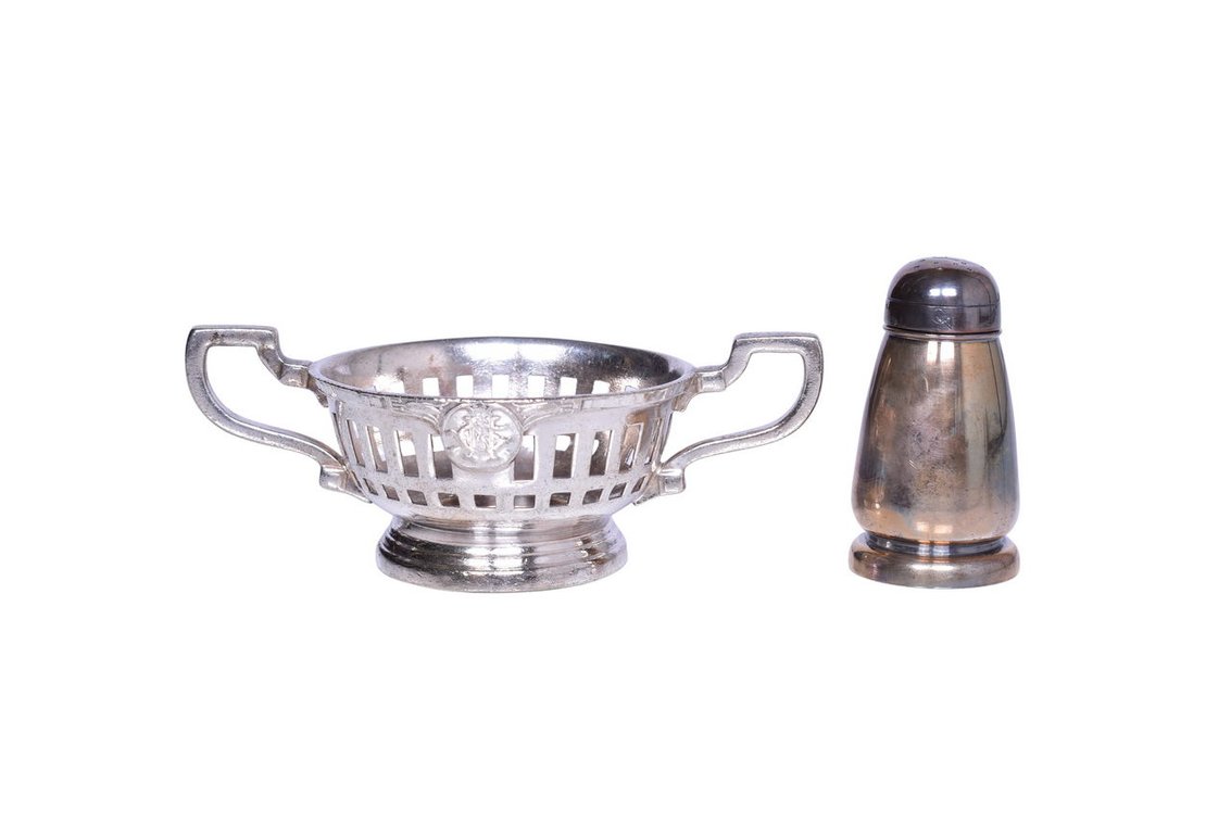 Great Northern Railroad International Silver Double Handled Bouillon Dish and Pepper Shaker