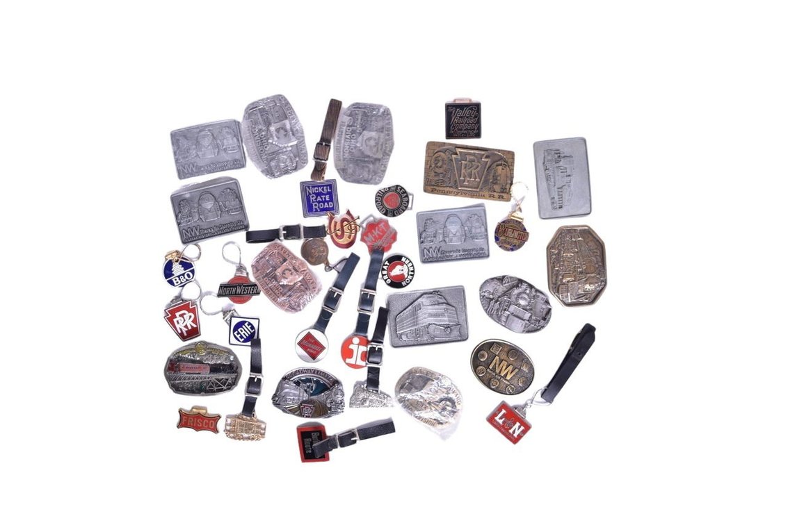 Lot Of Railroad Luggage Tags & Belt Buckles