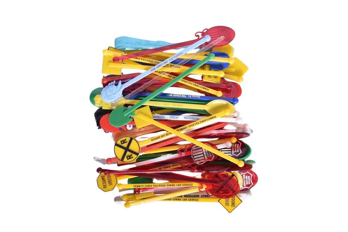 Group 140+ Plastic Stir / Swizzle Sticks & Spoons - Burlington, Santa Fe, Pennsylvania Railroad, UPRR and More