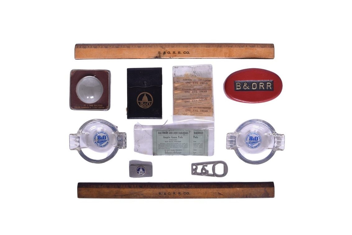 Baltimore & Ohio Smalls- Ash Trays, Rulers, First Aid Items, Bottle Opener, Glass Paper Weight, Brass Paper Weight