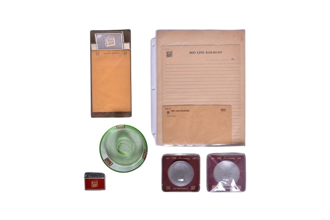 SOO Line Railroad Group Paper Weights, Ash Tray, Lighter, Desk Paper Pad