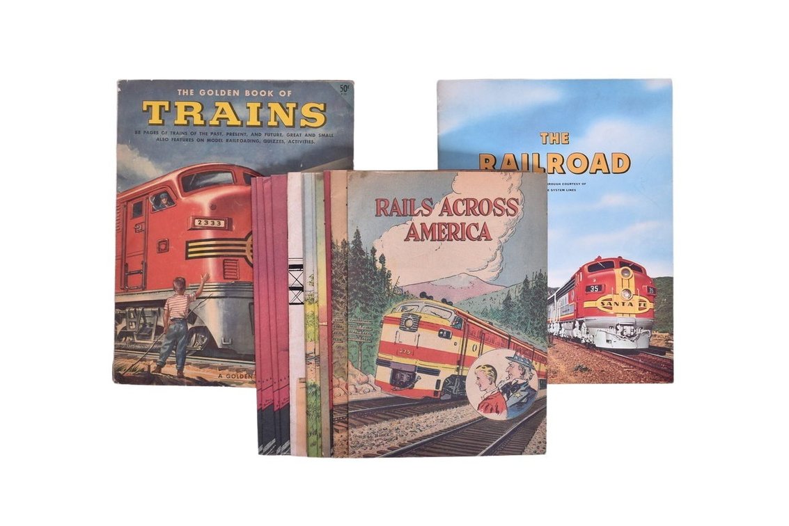 Group of Fourteen Pulp Railroad Books. Includes; Special Agent, Rails Across America, The Golden Book Of Trains, Cliff Merritt, All Aboard Mr. Lincoln, etc.