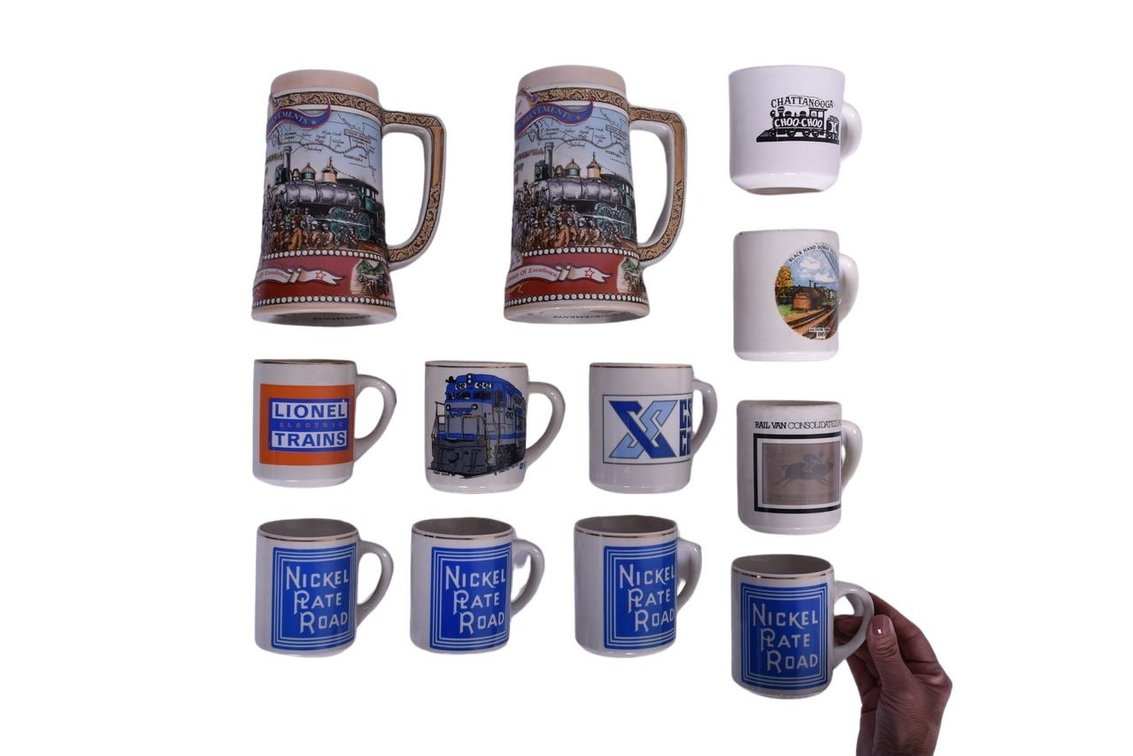 Group Of 12 Assorted Railroad Mugs- Nickel Plate Road, Chattanooga Choo Choo, Lionel Electric Trains, CXS, Black Hand Gorge Festival, Transcontinental Railway 1869