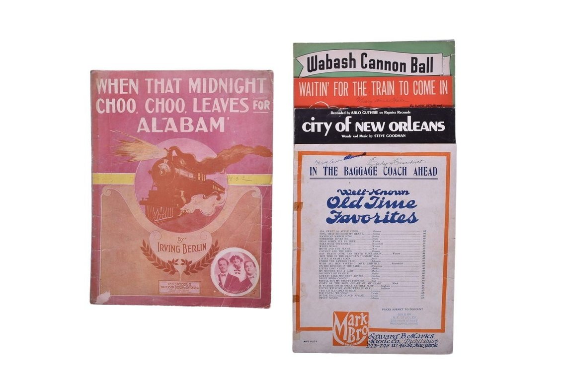 Group Of Five Sets Of Railroad Related Sheet Music-Wabash Cannon Ball, When That Midnight Choo Choo Leaves For Alabam' And More