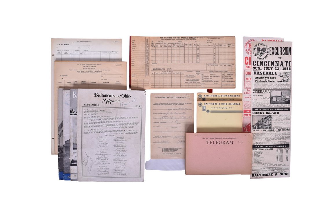 Group Of Twelve Baltimore & Ohio Railroad Ephemera- B&O Broadsheets, Paper Pads, Telegram Pad, Magazines, etc.