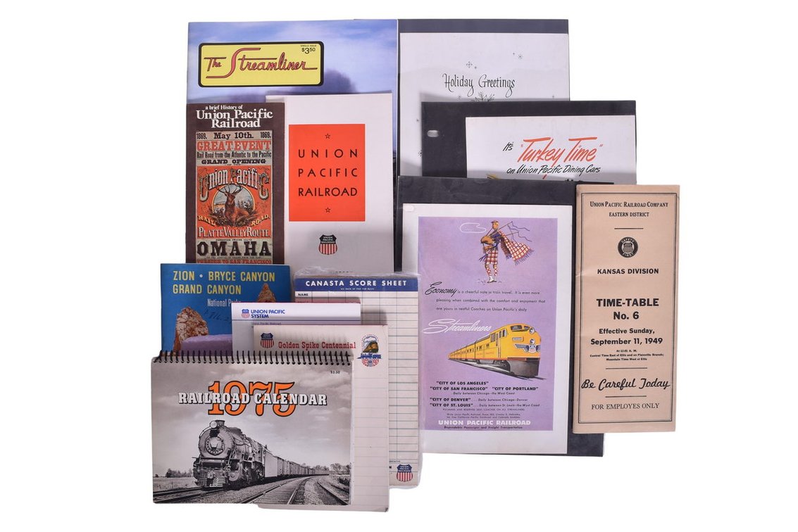 Group Of Union Pacific Railroad Ephemera- 1975 Calendar, The Streamliner Magazine, 1949 Time-Table, etc.