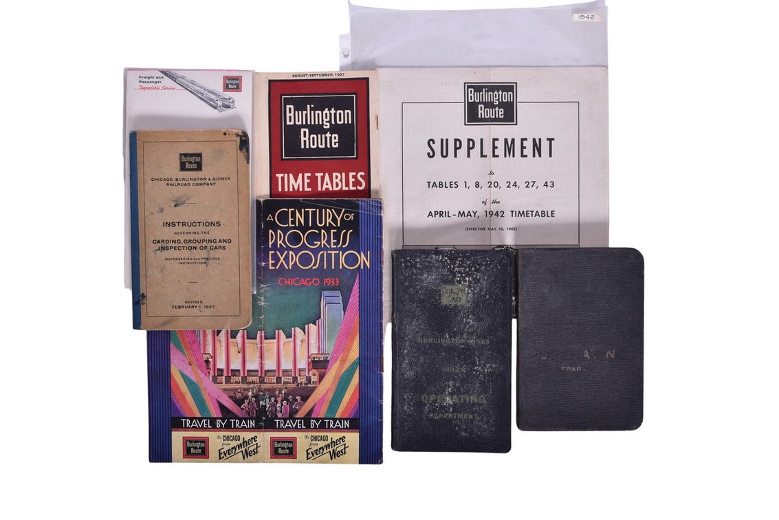 Burlington Route Paper Ephemera Lot- Time Tables From 1927, A Century Of Progress Exposition Chicago 1933 Booklet, Three Instruction And Rule Books, etc.