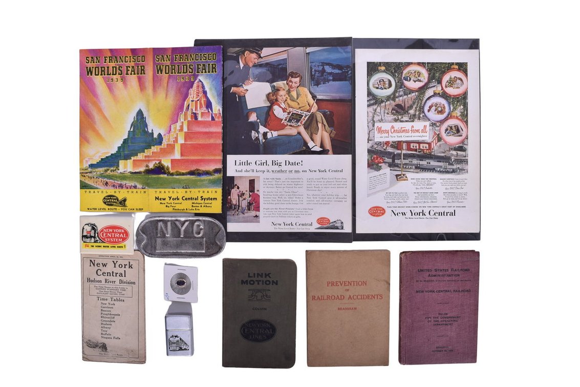 Group Of New York Central Memorabilia- Three Books From 1908 to 1918, Lighter, 1944 Pocket Mirror Retirement Pin, etc.