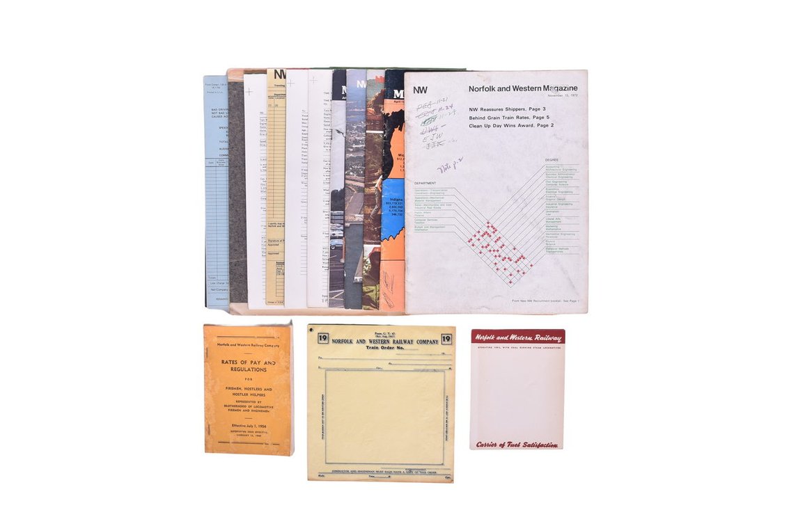 Assortment of Railroad Ephemera and Paper Items -Norfolk & Western Railway Company-Pay Regulation Book, Five Norfolk And Western Magazines, Personal Injury Report Pad Of Paper, etc.
