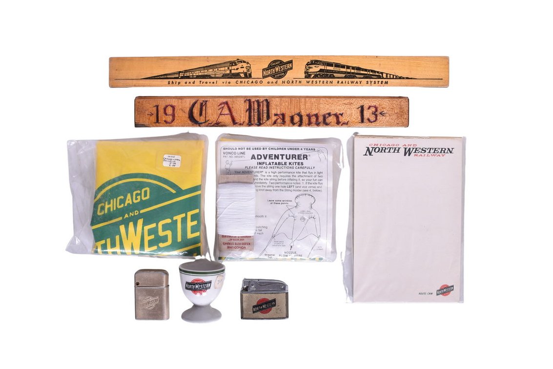 Group Of Chicago And North Western Railway Memorabilia- Two Kites, Two Rulers, Two Lighters, etc.