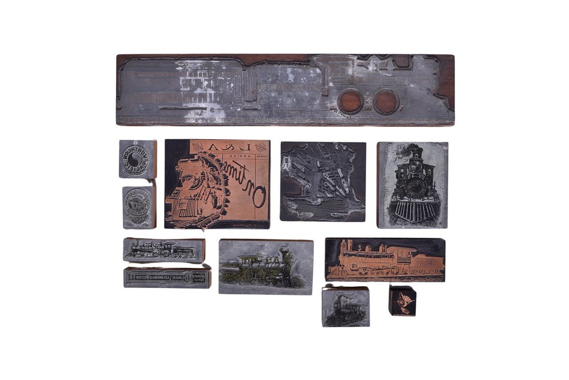 Twelve Wooden Railroad Letterpress Printing Blocks- C & O, Lackawanna Railroad, Louisiana & Arkansas, etc.