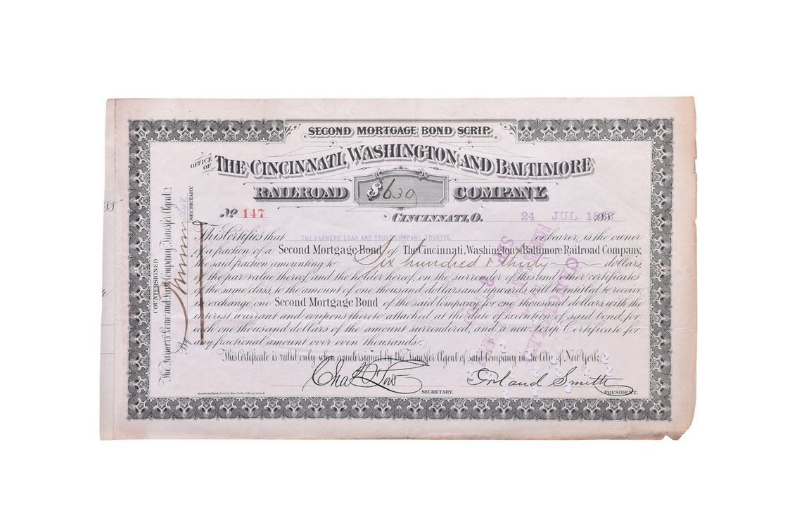 Cincinnati, Washington & Baltimore Railroad Company Bond Scrip From 1888.