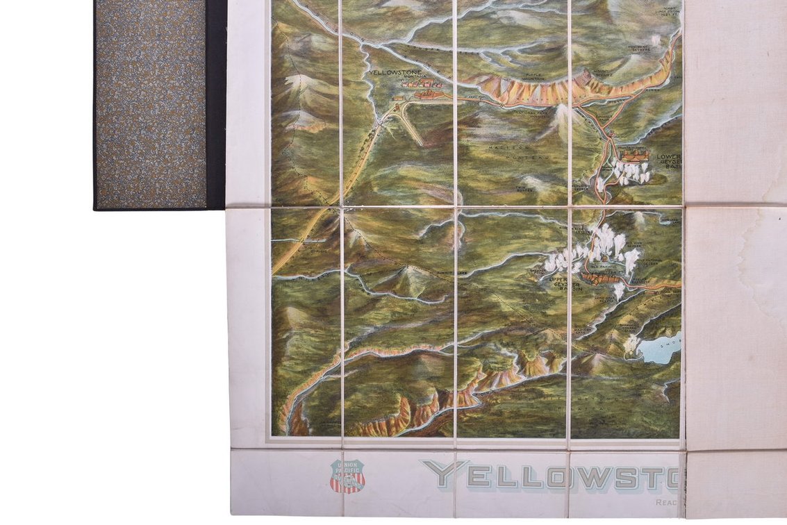 Union Pacific Overland Fold Out Map Of Yellowstone National Park On Linen