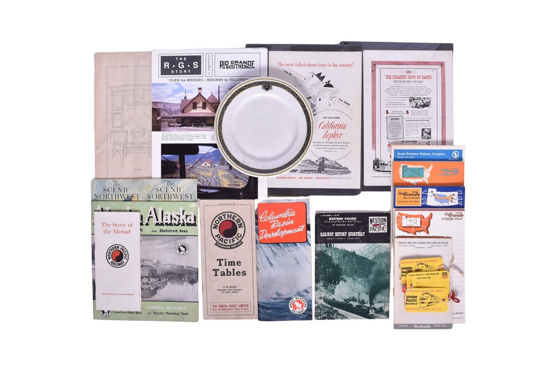 Group Of Western Railroad Ephemera- Northern Pacific Railroad Ten-Wheel Freight Locomotive Print From 1883, Northern Pacific Plate, Great Northern Railway Brochures From 1930's, Northern Pacific Time Tables From 1927, etc.