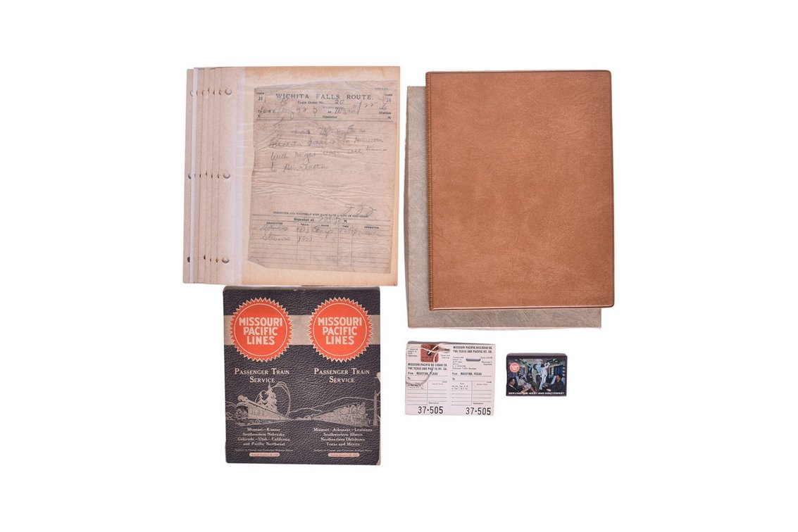Group Of Missouri Pacific Railroad Ephemera- Passenger Train Service Brochure From 1929, Hand Written Train Orders, Missouri Pacific Lines Covered Notepad, etc.