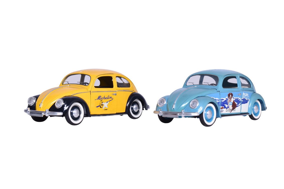 Two Solido 1:17 Die Cast 1949 Volkswagen Coccinelle Model Cars with Custom Advertising