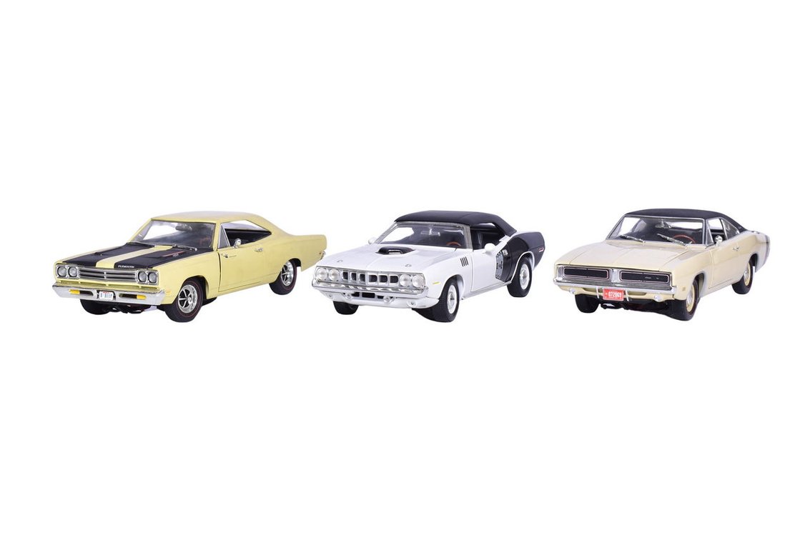 Three ERTL 1:18 Die Cast 1969 Dodge Charger, 1971 Chrysler 'Cuda, 1969 Chrysler Plymouth