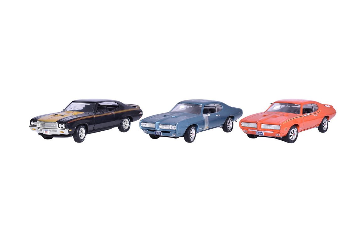Three ERTL 1:18 Die Cast 1969 Pontiac GTO and 1971 Buick GSX Model Cars
