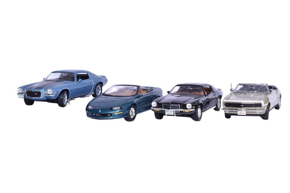 Four 1:18 Die Cast Chevrolet Camaro Model Cars - American Muscle, ERTL, and Maisto
