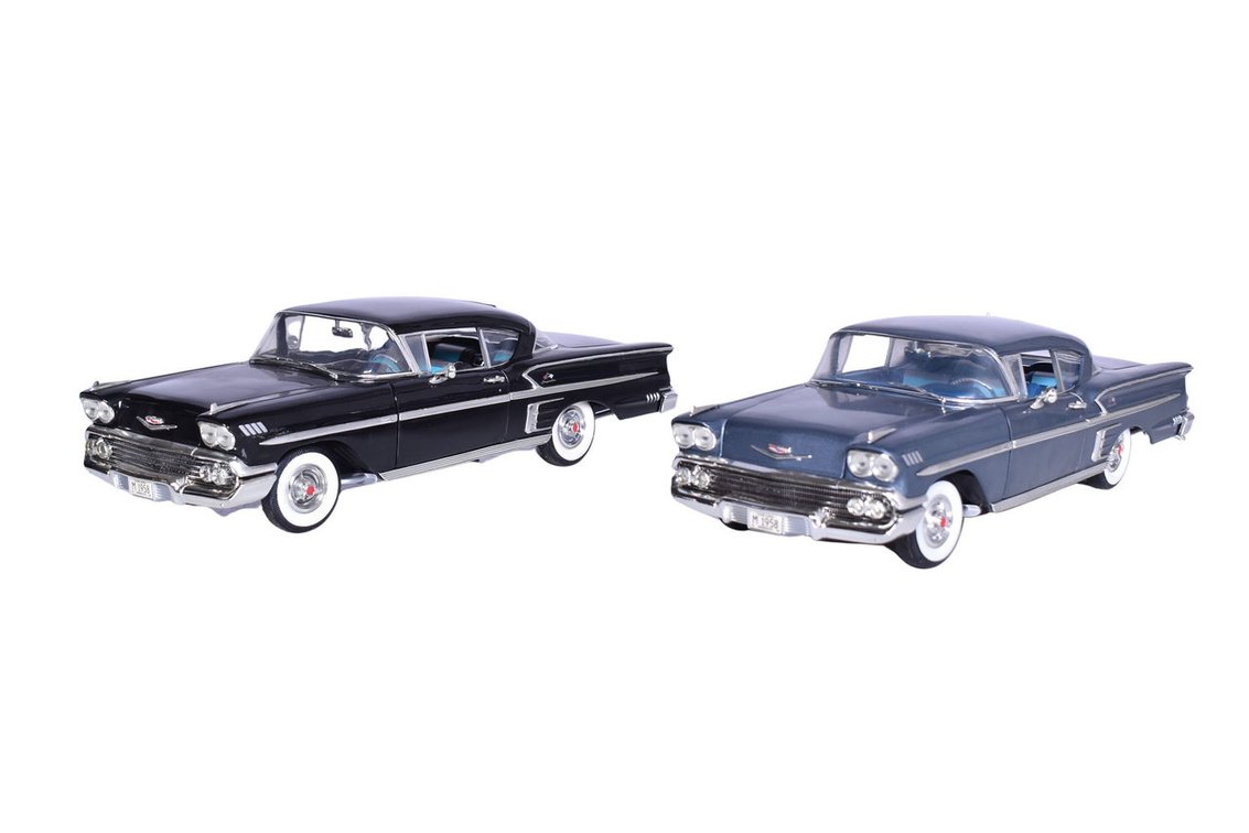 Pair of American Muscle 1:18 Die Cast 1958 Chevy Impala - Charcoal Metallic and Silver Blue