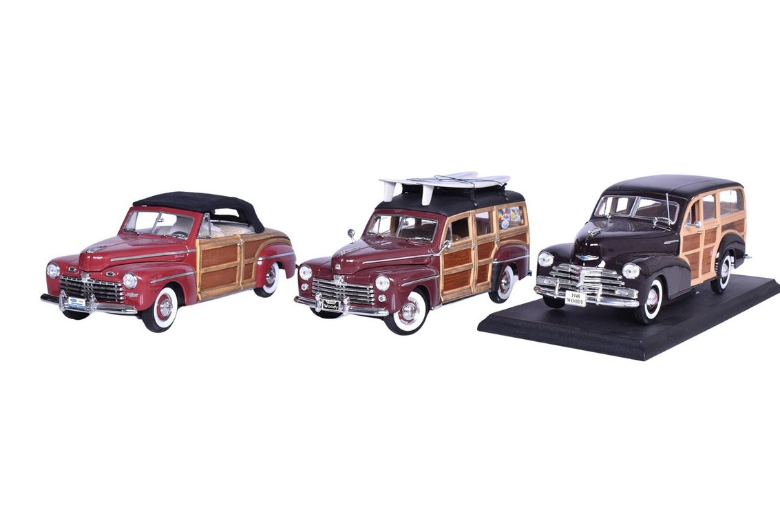 Three 1:18 Die Cast 1948 Chevrolet Fleetmaster Woody and Ford Sportsman Models