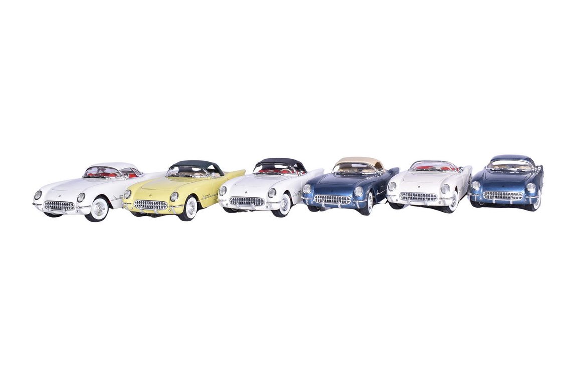 Six MIRA 1:18 Die Cast 1950s Chevrolet Corvette Models